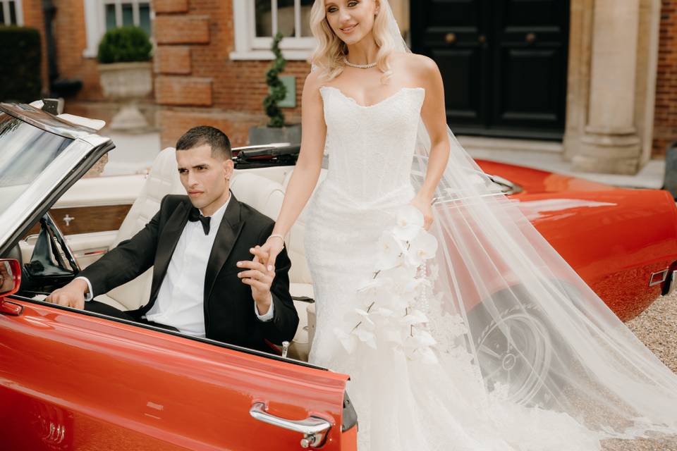 Classic car wedding photograph