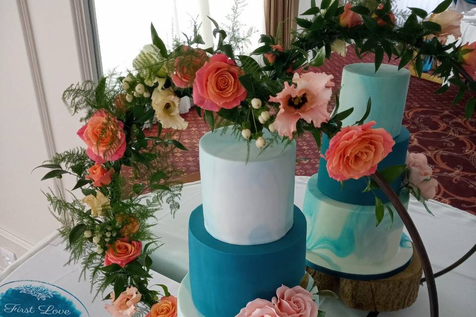 Teal & Peach marble wedding ca