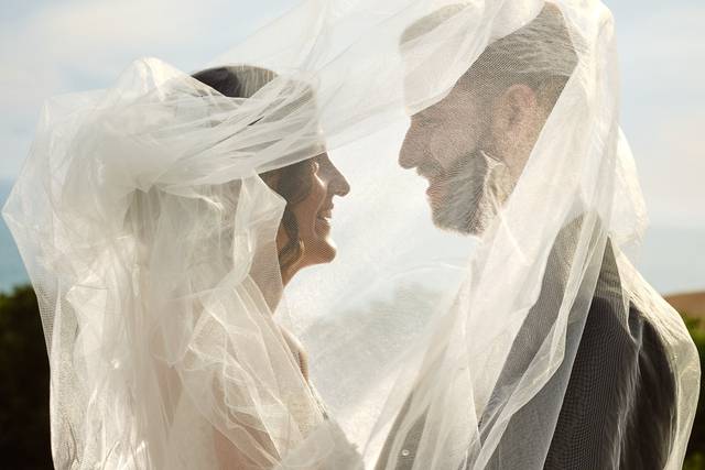 Bride, groom and veil