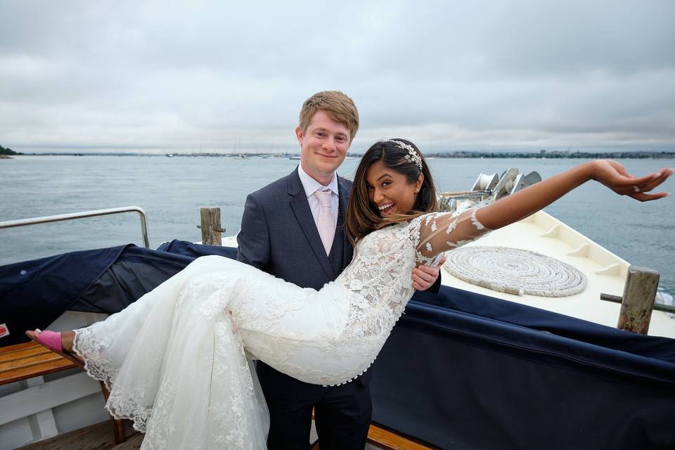 Bride and groom on boat