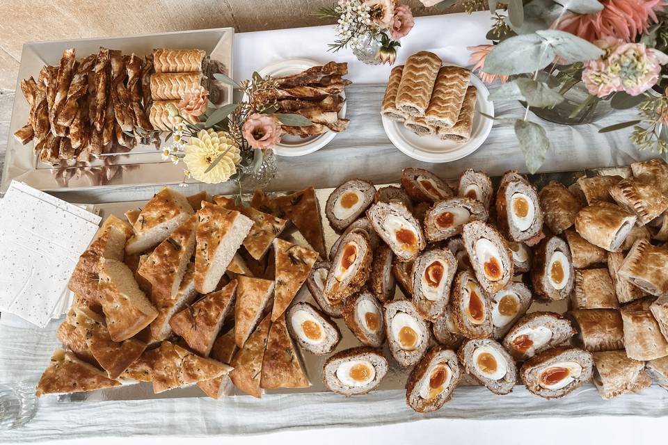 Focaccia, scotch eggs