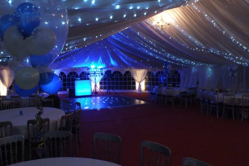 Marquee with dance floor, lights and disco