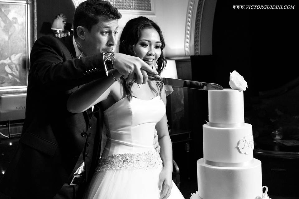 Bride and groom cutting cake