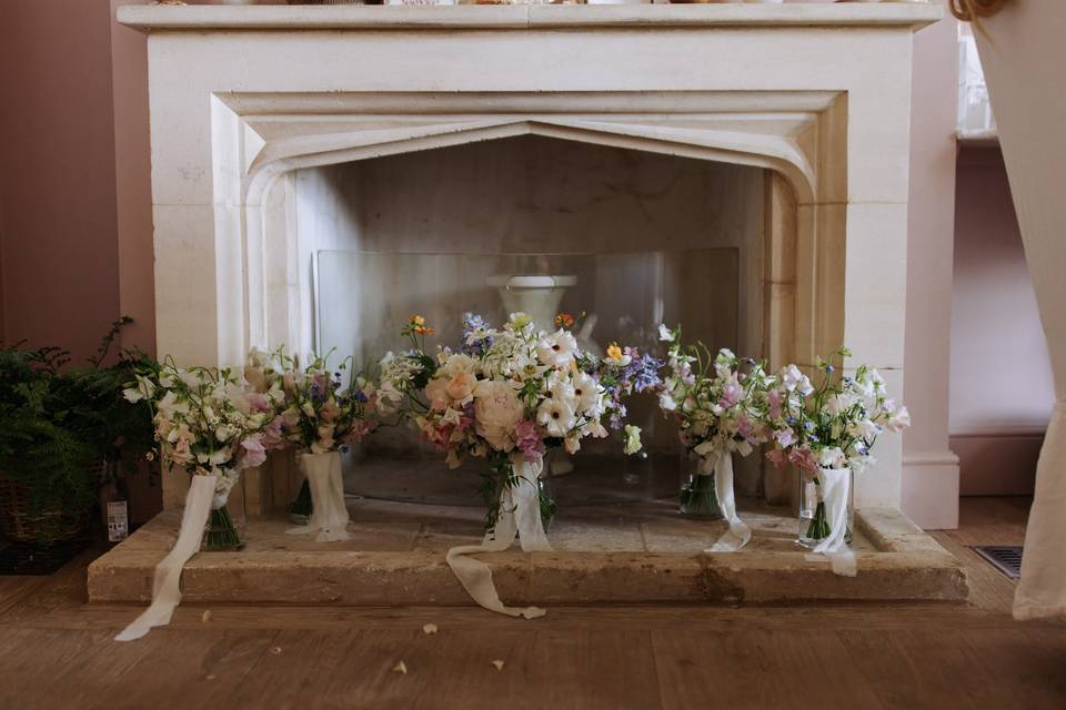 Bouquets in fireplace