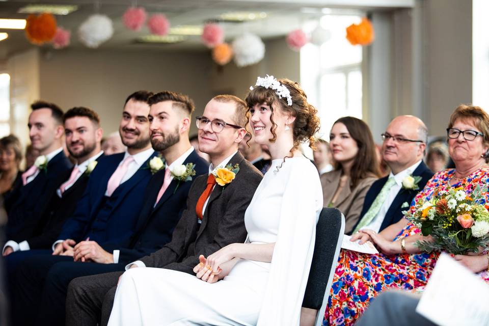 Smiling at Grace church wedding