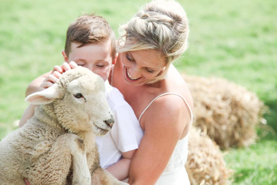 Unique wedding photo with farm animals