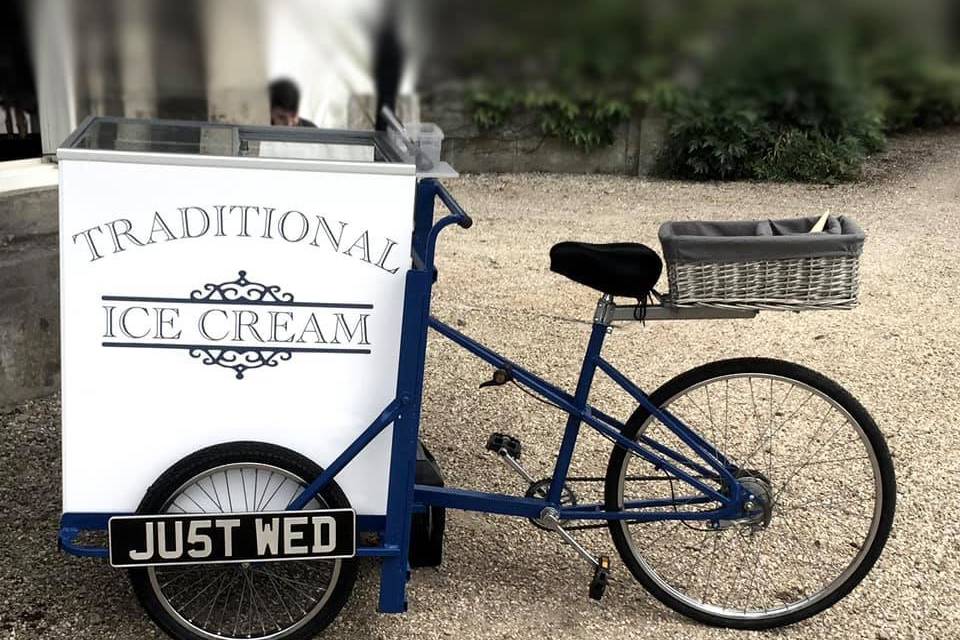 Ice cream trike with just wed signage