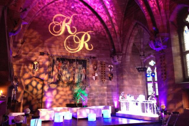 White sofas and led cubes