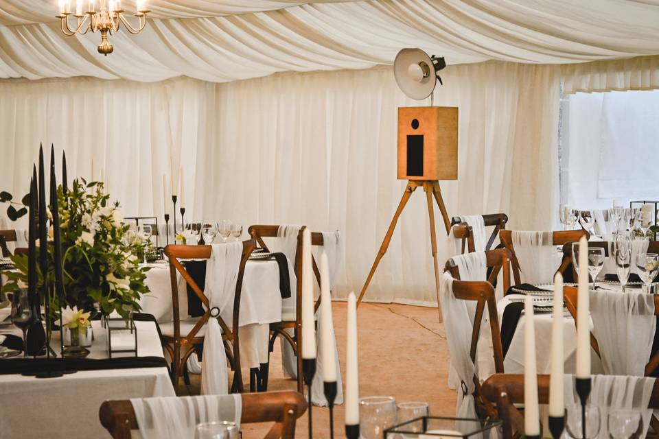 Rustic booth in marquee