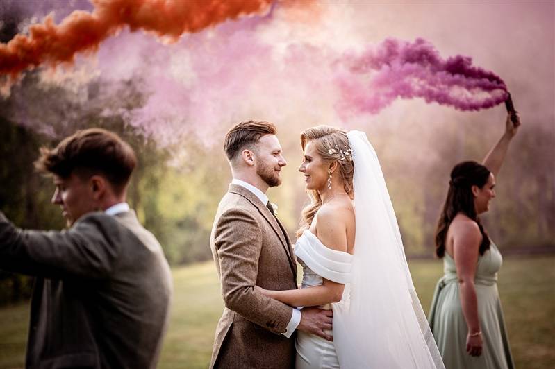 Bride & Groom with smoke canon