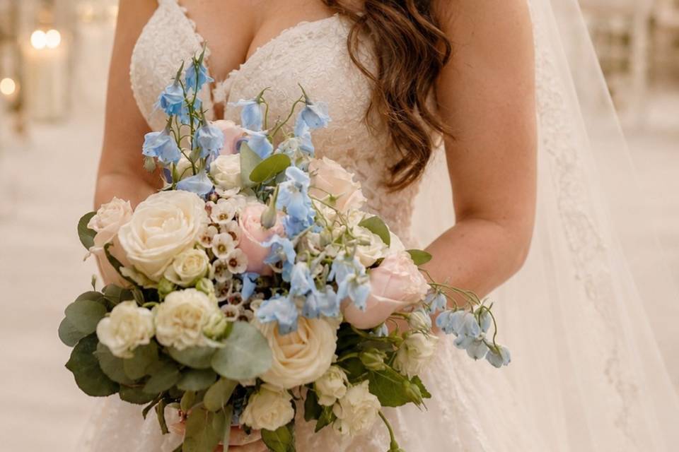 Baby blue, white, blush pink