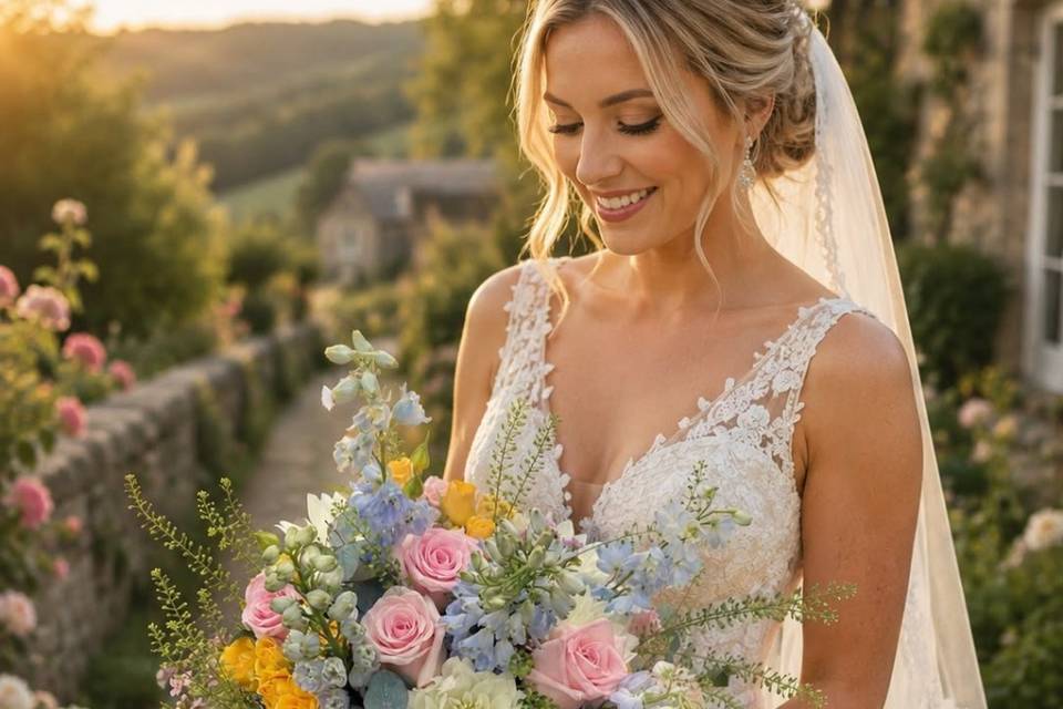 Country garden, dahlias, roses