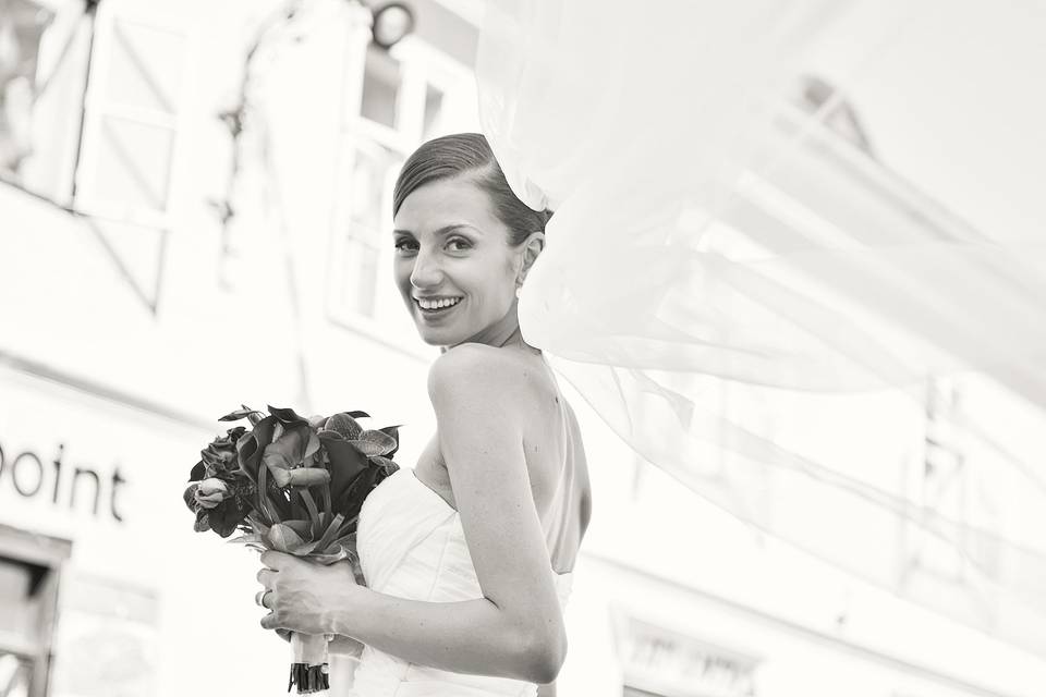 Holding a bouquet