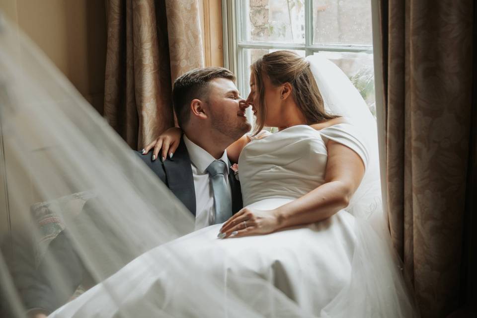 Bride and groom indoors