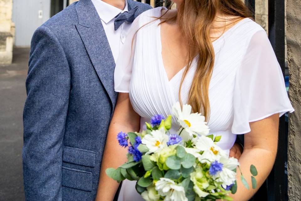 Bride and groom laughing