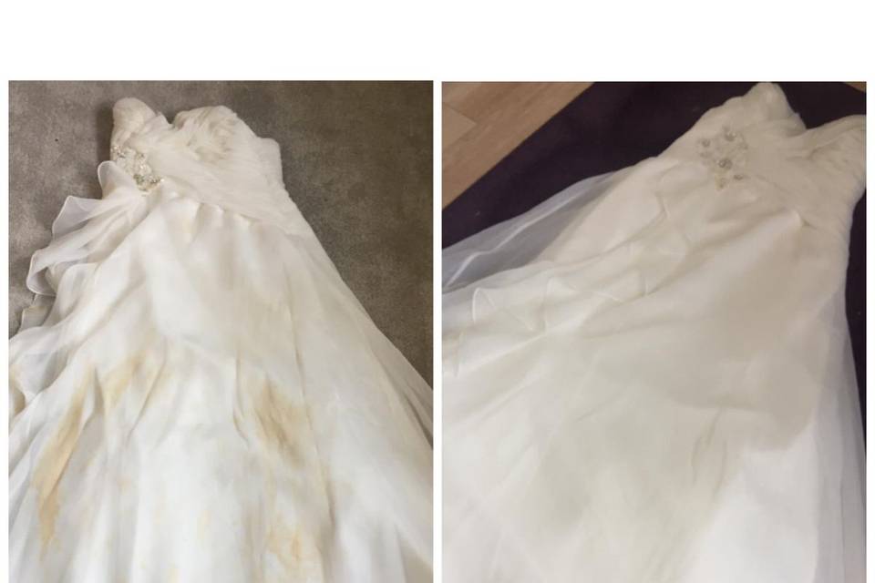 Before and after wedding gown restoration