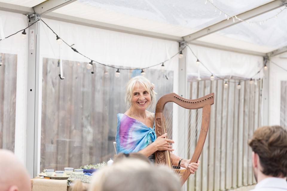 Julie about to play the harp.