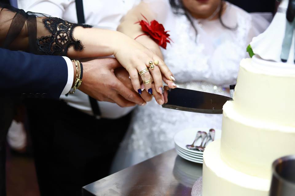 Bride and groom cutting cake