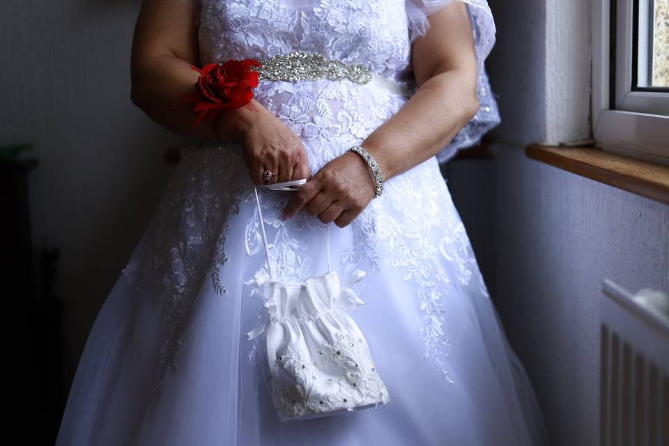 Bride posing at window