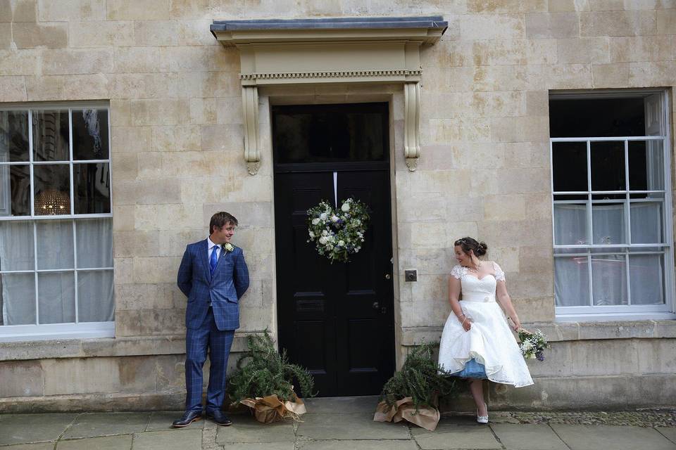 Bride in a tea-length wedding dress