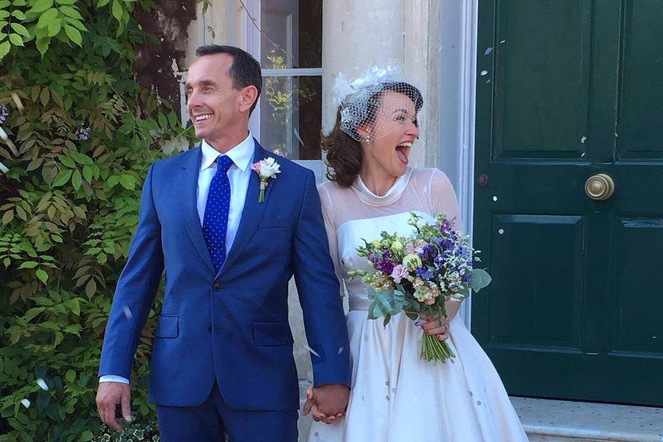 Bride in a tea-length wedding dress