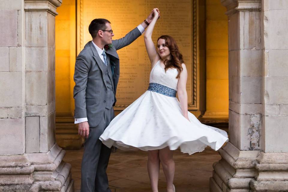 Bride in a tea-length wedding dress