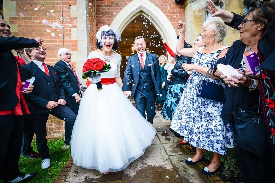 Bride in a tea-length wedding dress