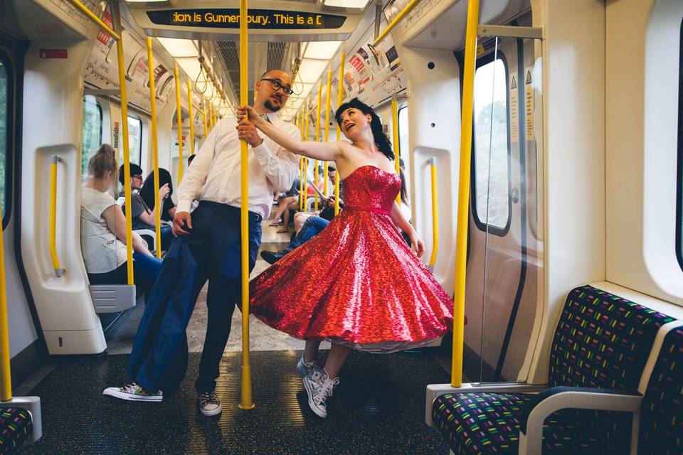 Red tea-length wedding dress