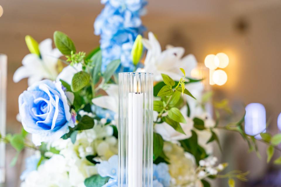 Blue and white centerpiece