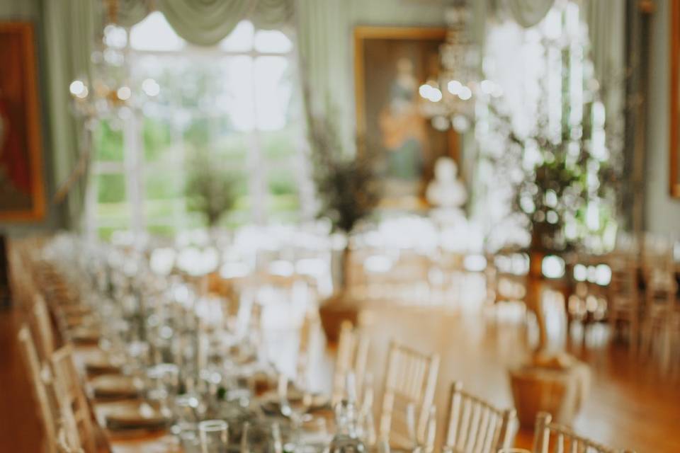 The ballroom set for meal