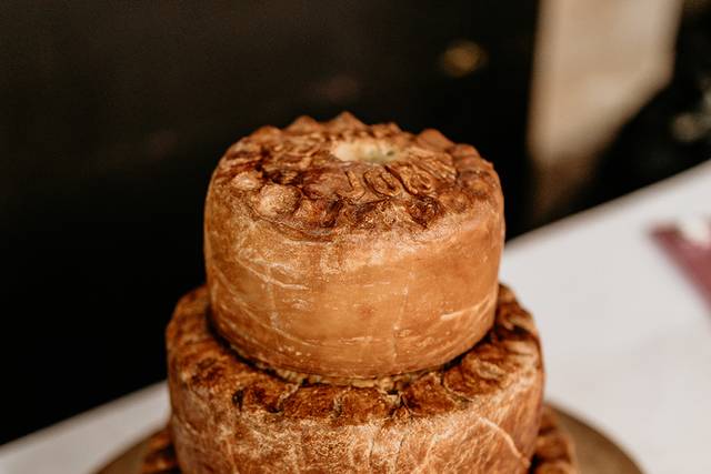 3-tiered pork pie wedding cake