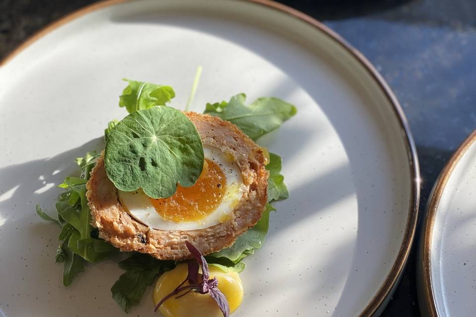 Scotch egg, rocket, saffron