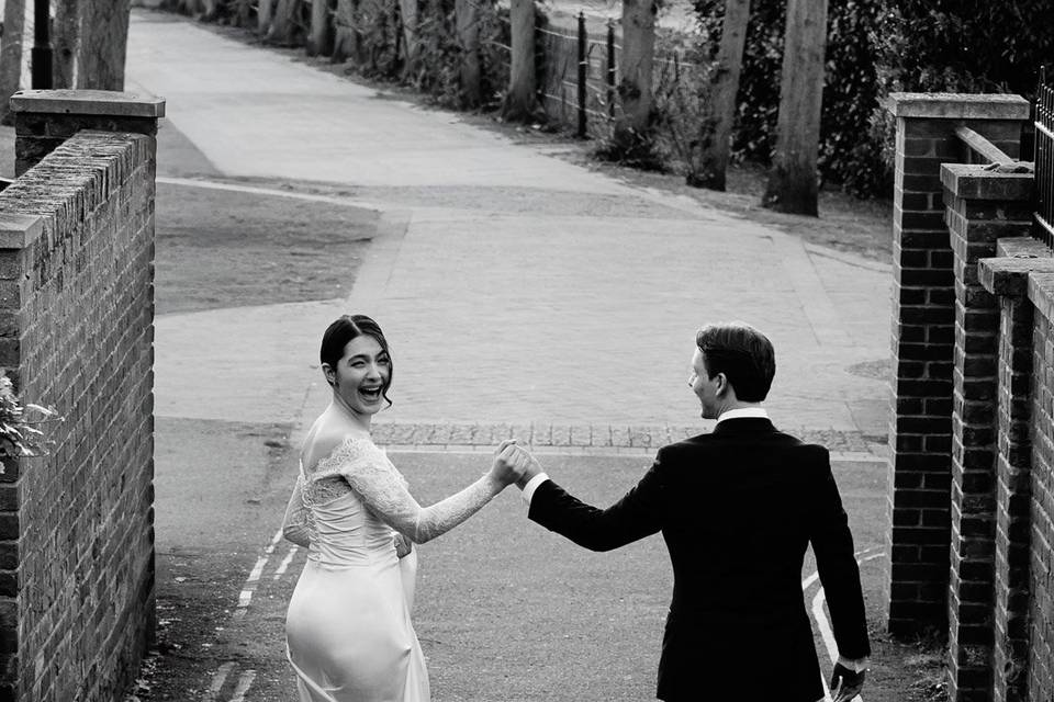 Couple looking back