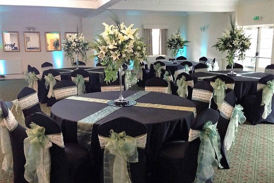 Black linen flowers chairs