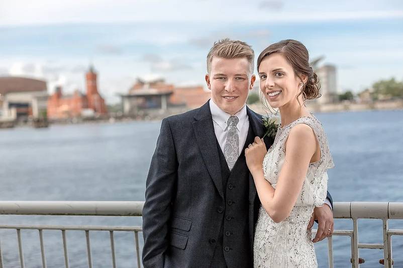 Bride and groom in Cardiff Bay