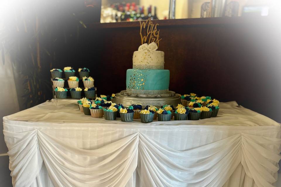 Cake table skirting with swags