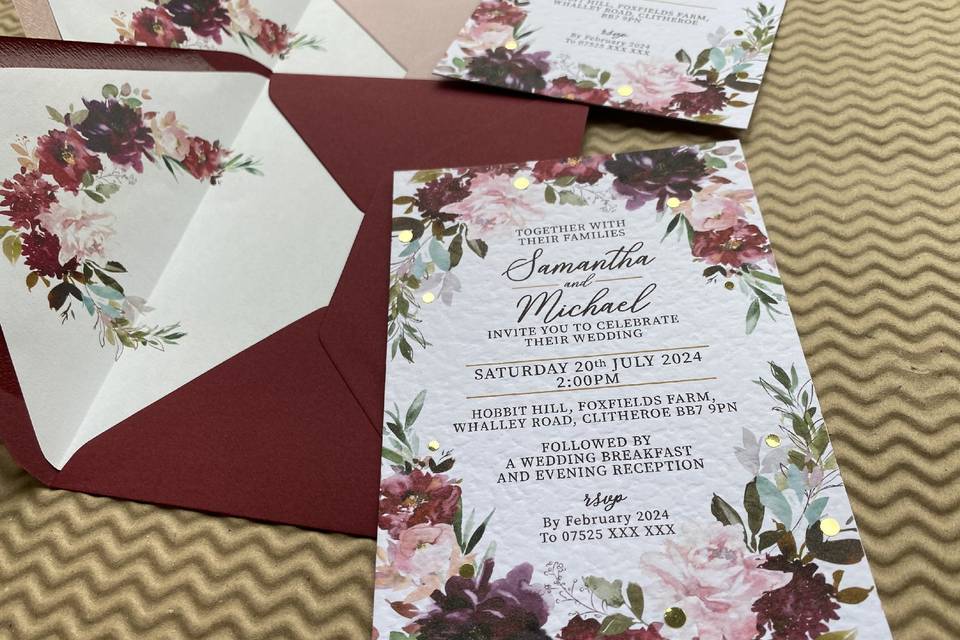 Burgundy blush wedding invites