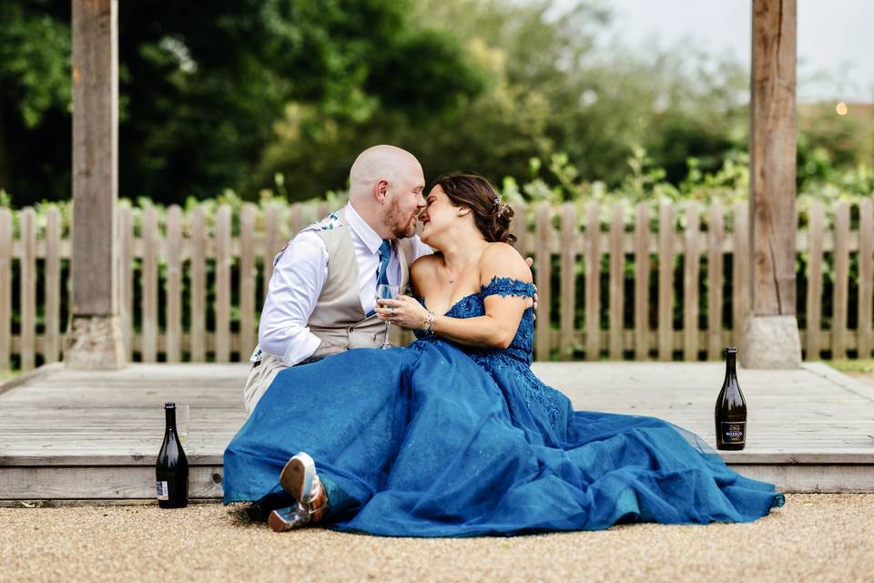 Bride wearing blue wedding dre