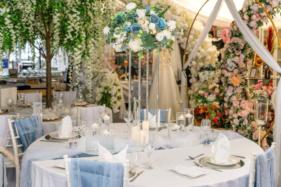 Interior of a banquet hall with set tables