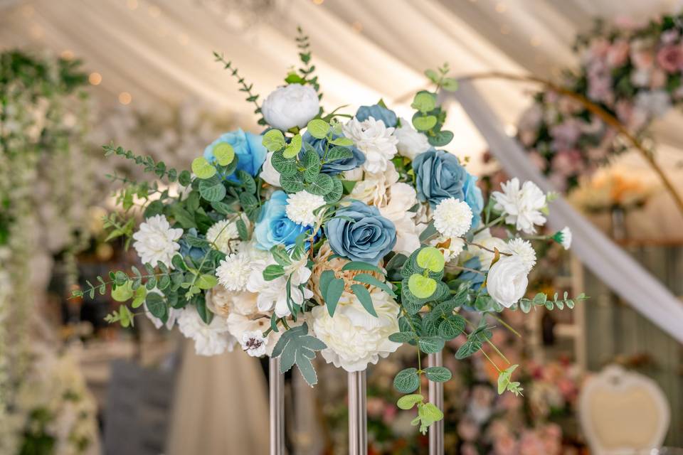Large blue and white floral arrangement