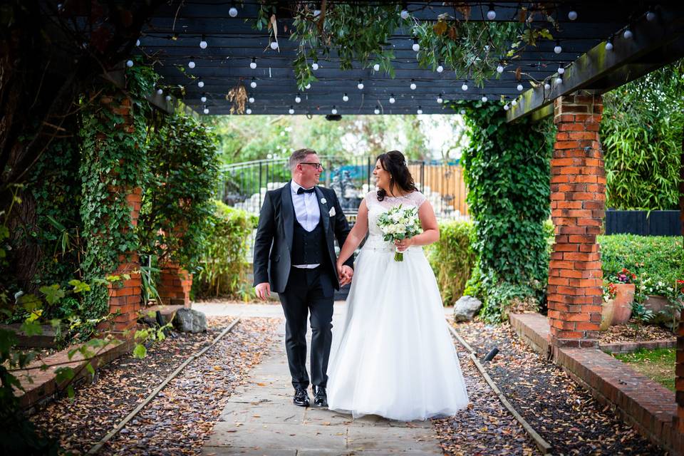 Bride and groom walking