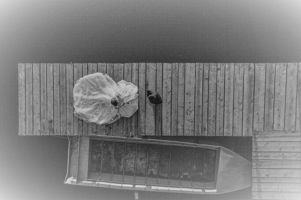 Birdseye view of newlyweds on the pier