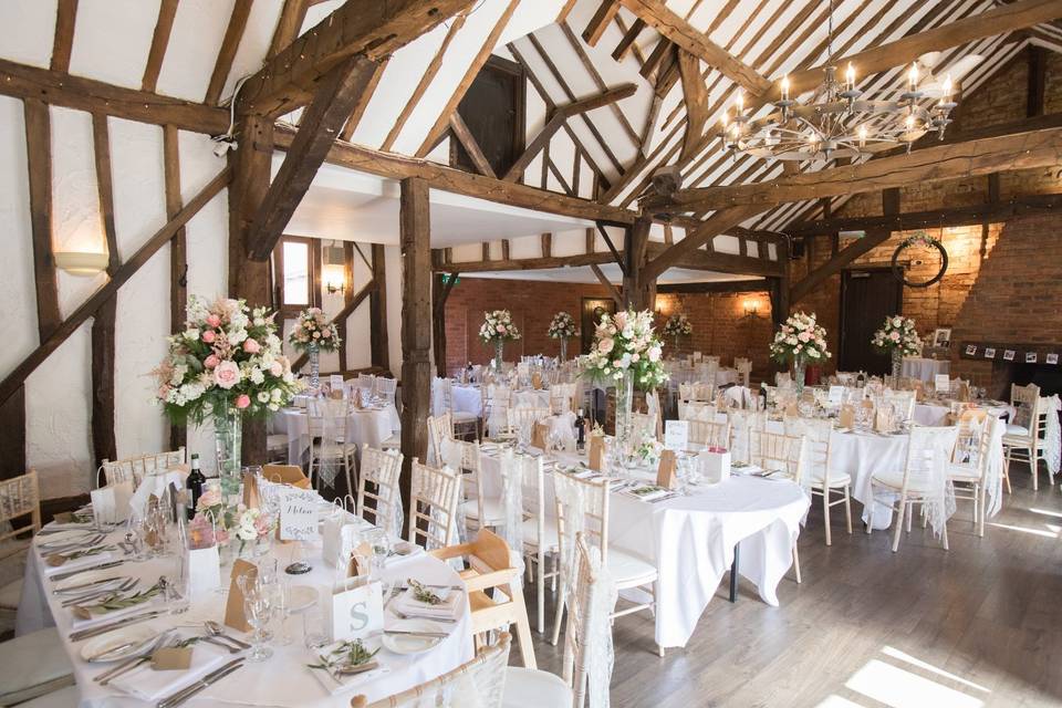 Barn wedding breakfast set up