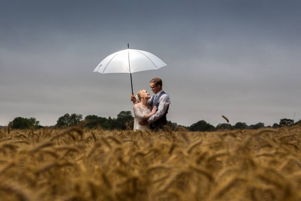 Bride and groom in corn field