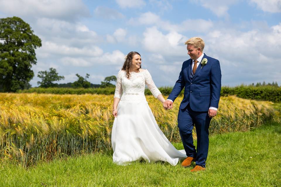 Bride and groom romantic walk