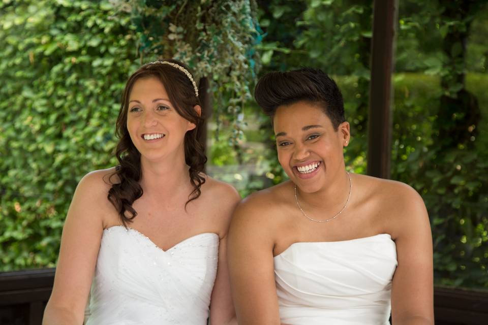 Newlyweds in courtyard