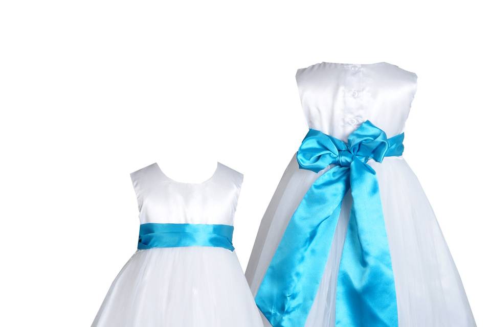 white and teal flower girl dresses