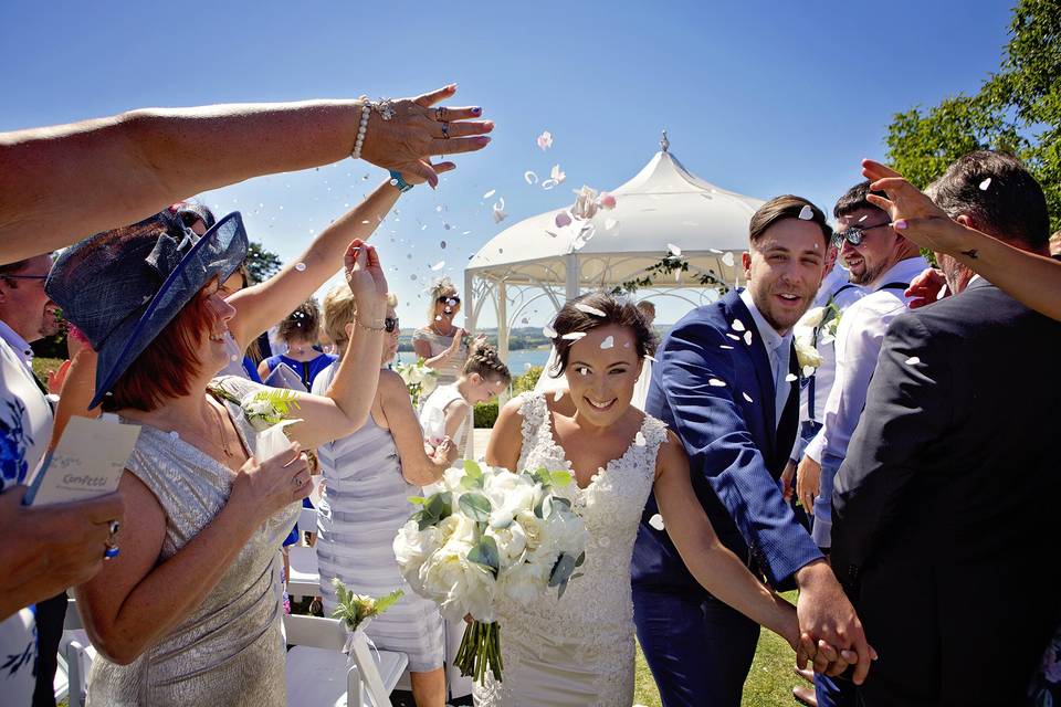 Confetti under a blue sky