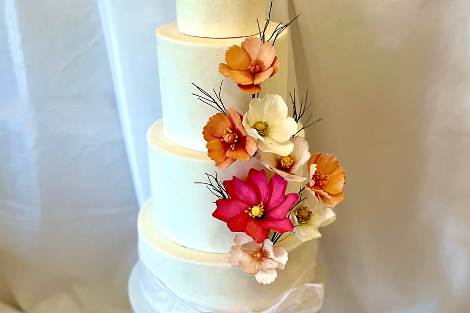 4 tier with cosmos flowers