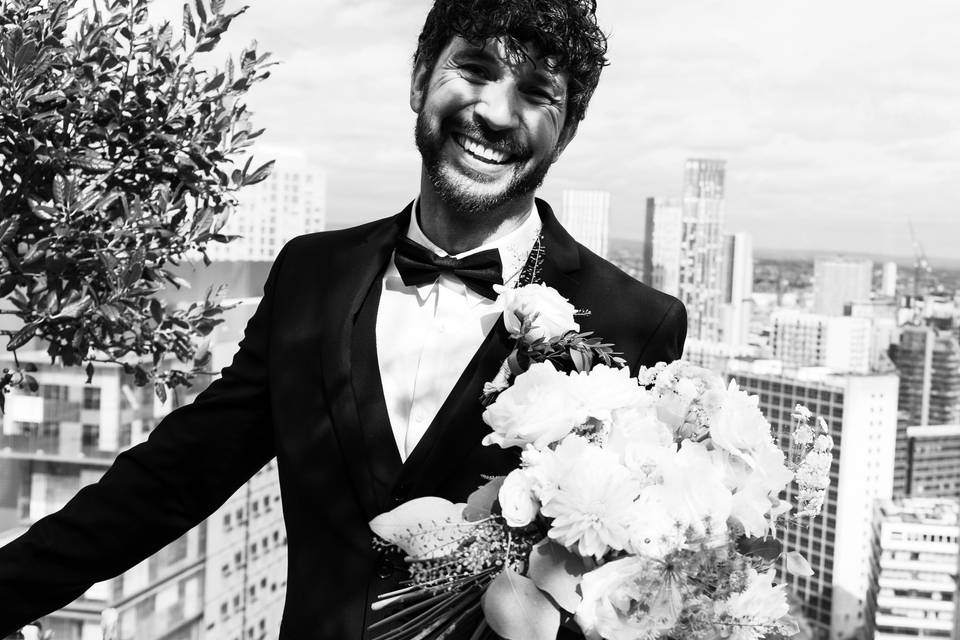 Groom with bouquet